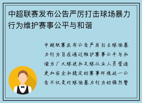 中超联赛发布公告严厉打击球场暴力行为维护赛事公平与和谐